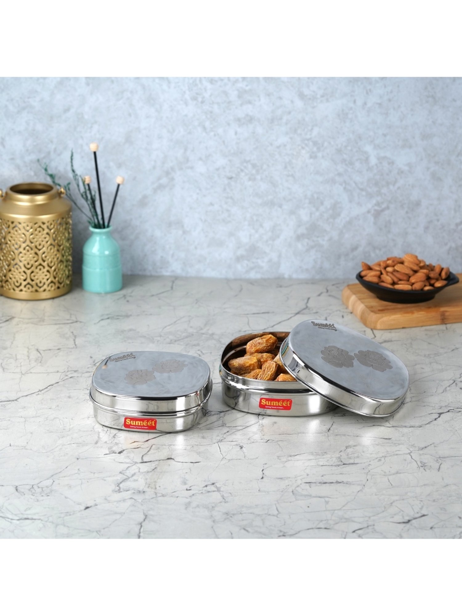 Sumeet S.S Square Storage containers box/Dabba for Kitchen,Set of 2Pc, 350ml & 600ml, 12cm & 13.5cm