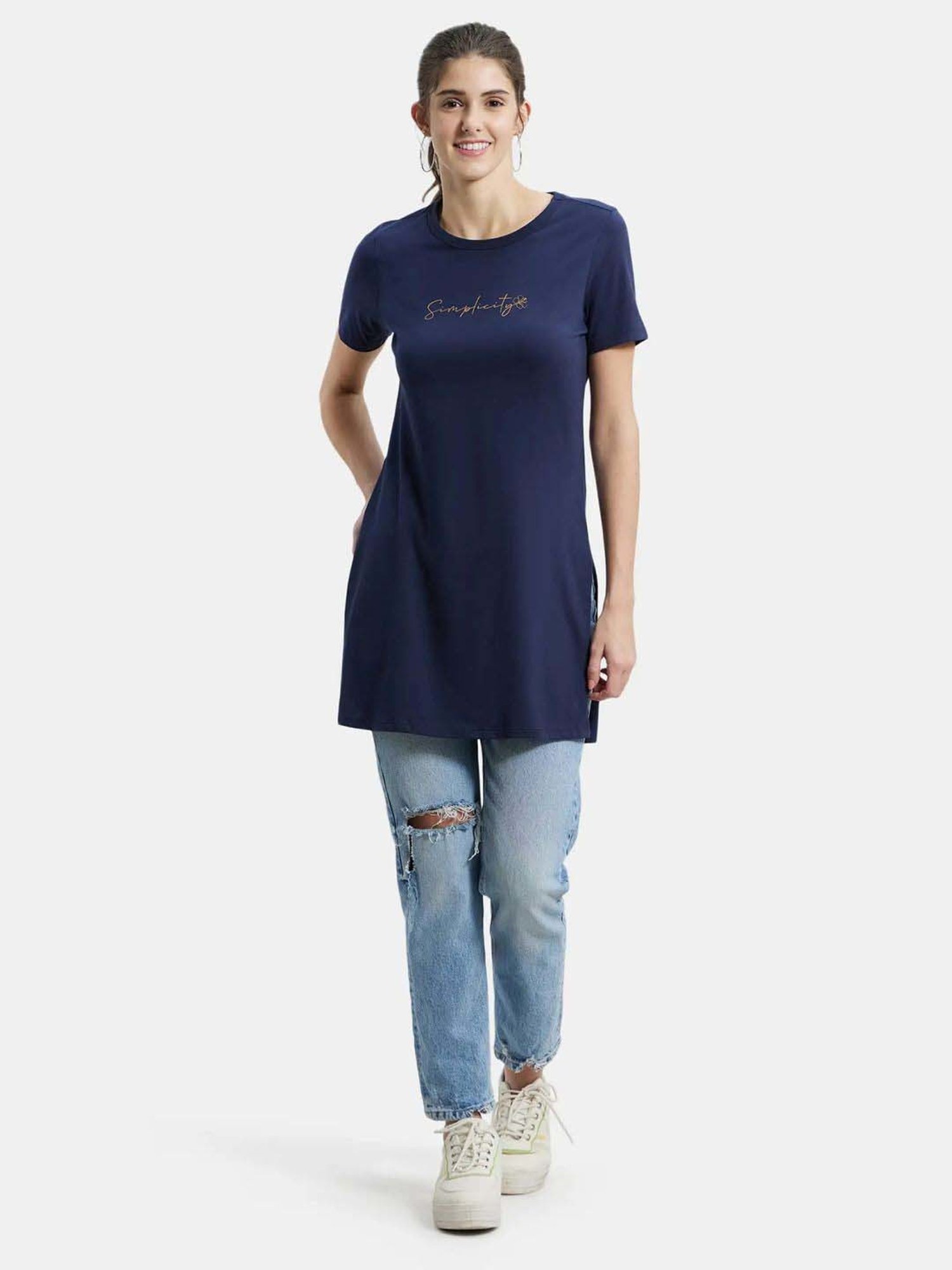 Jockey A142 Women's Super Combed Cotton Printed Relaxed Fit Long length T-Shirt (Prints May Vary)