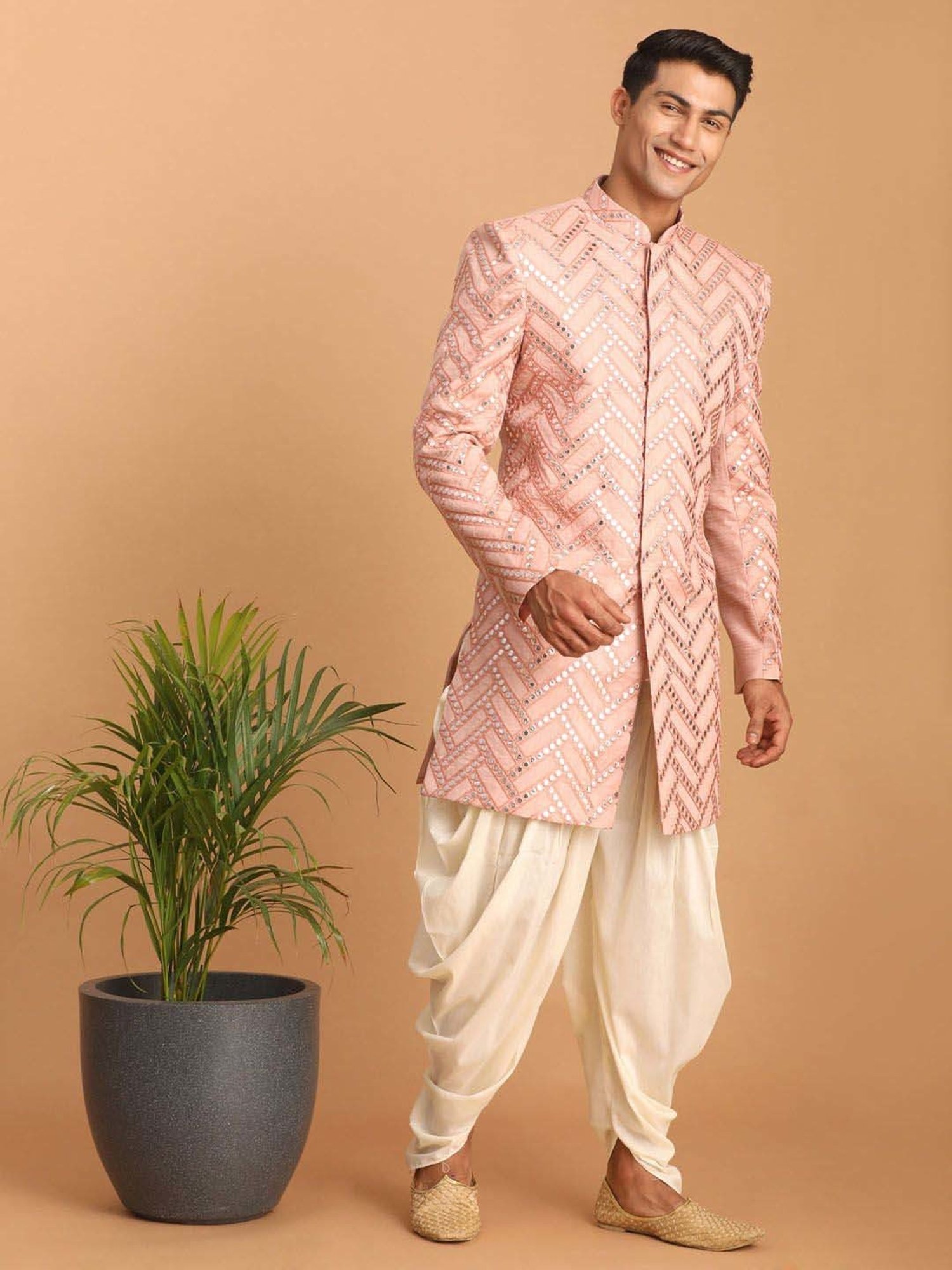 Hangup Plus Beige & Black Regular Fit Printed Sherwani Set