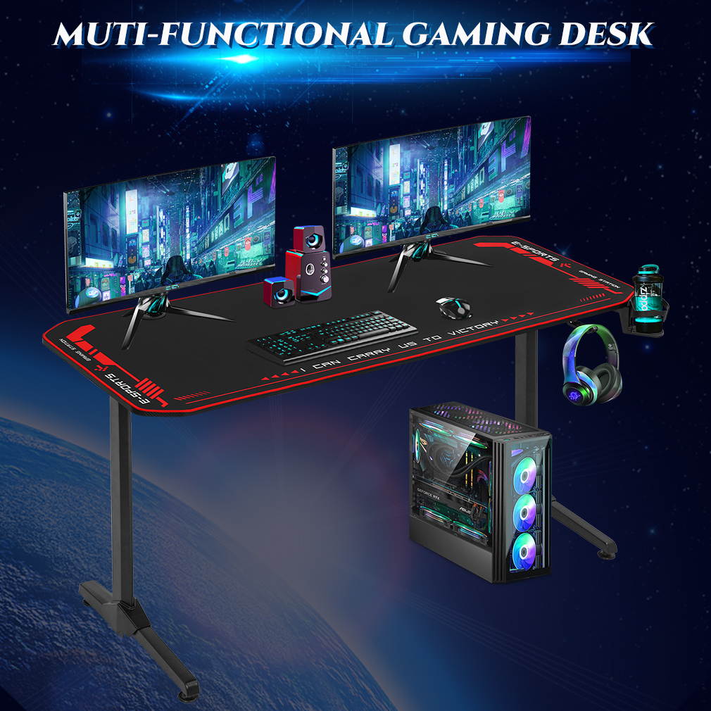 Computer Desk Gaming Desk 55 Inch Home Office Desk with Headphone Hook Cup Holder and Socket Rack Full-Surface Mouse pad Gamer Workstation for Adult Teens,Black