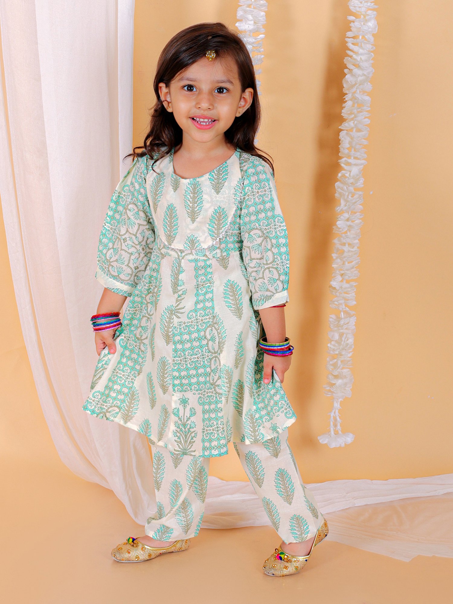 The Mom Store Kids Light Blue & White Floral Print Anarkali Kurta with Pants