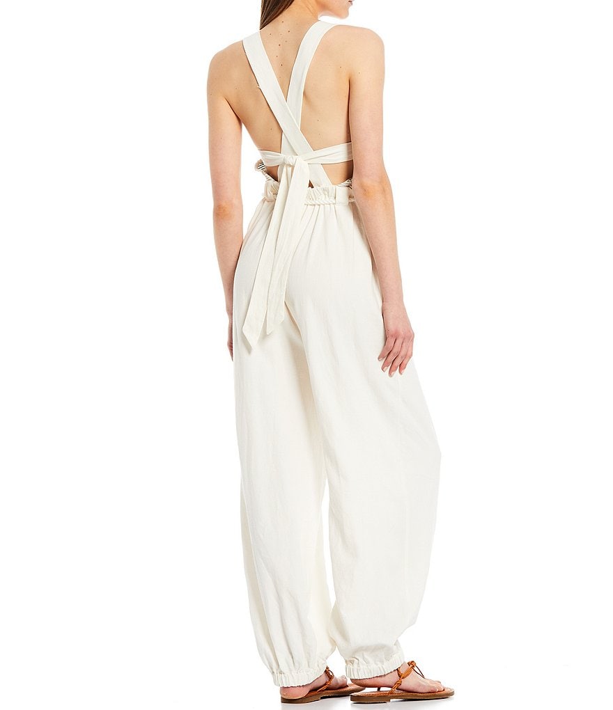 Free People Sienna Square Neck Sleeveless Smocked Open Back Jumpsuit