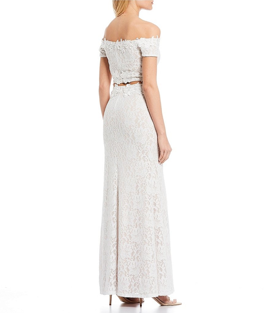 Sequin Hearts Off-The-Shoulder Side Slit Glitter Lace Two-Piece Long Dress