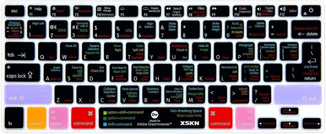 XSKN MacBook Shortcuts Design Series Adobe Hotkey MacBook Hot Keys Silicone Laptop Keyboard Skin Cover for MacBook 13" MacBook 13" 15" 17", US&European Layout (Dreamweaver)