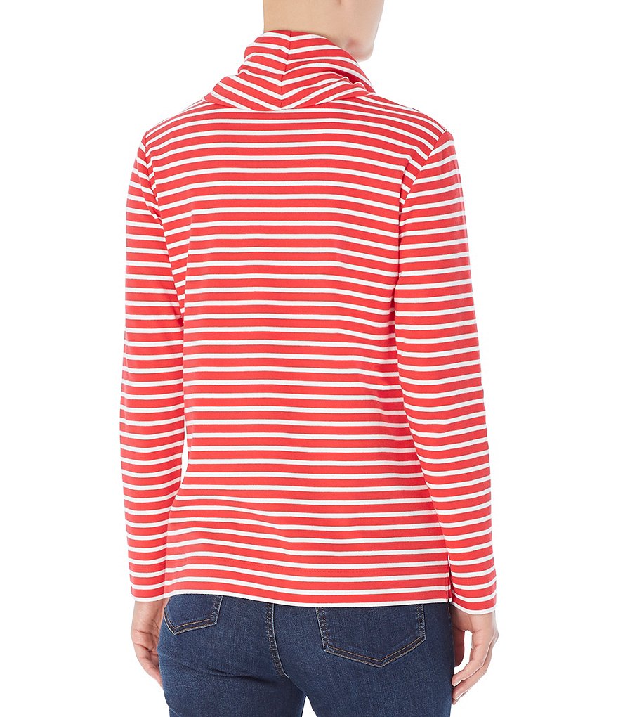 Jones New York Cotton Knit Jersey Horizontal Stripe Print Cowl Neck Long Sleeve Top