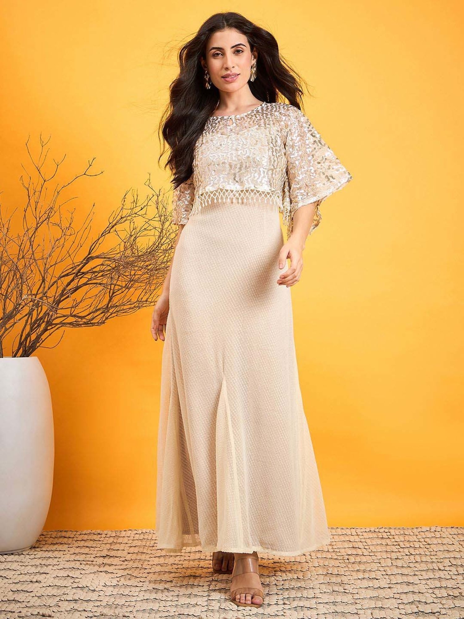 The Kaftan Company Beige Self Pattern Maxi Dress