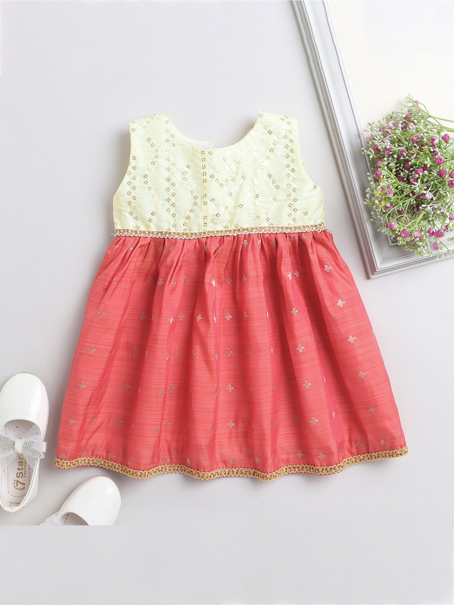 Many Frocks Kids Cream & Peach Embellished Dress