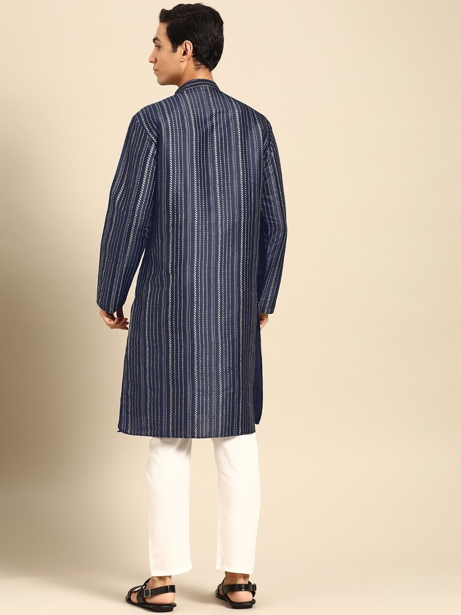 ManQ Navy & White Regular Fit Printed Kurta Bottom Set