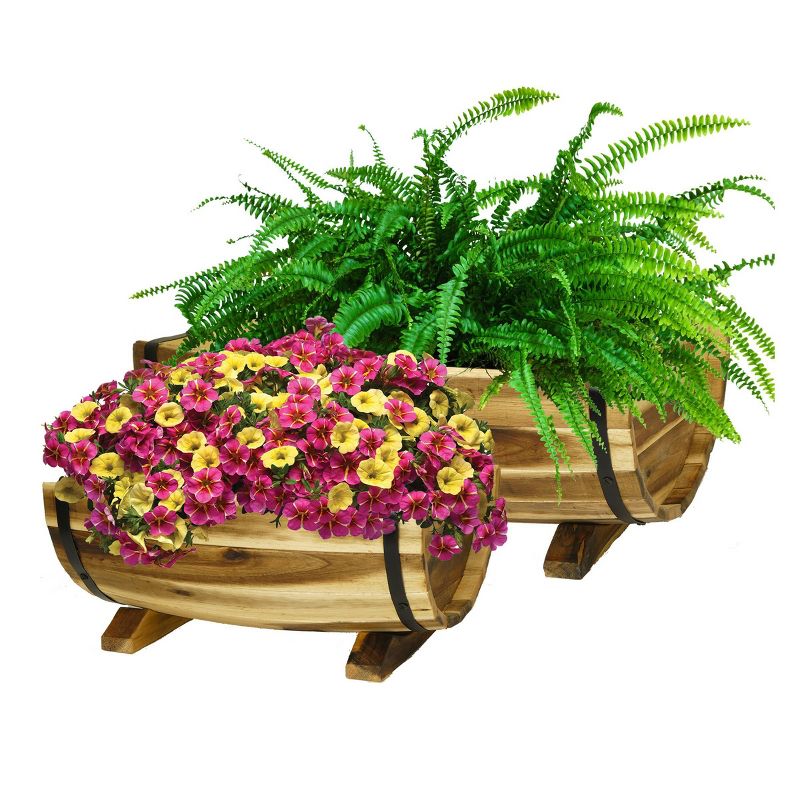 Set of 2 Acacia Half Barrel Planters - Classic Home and Garden