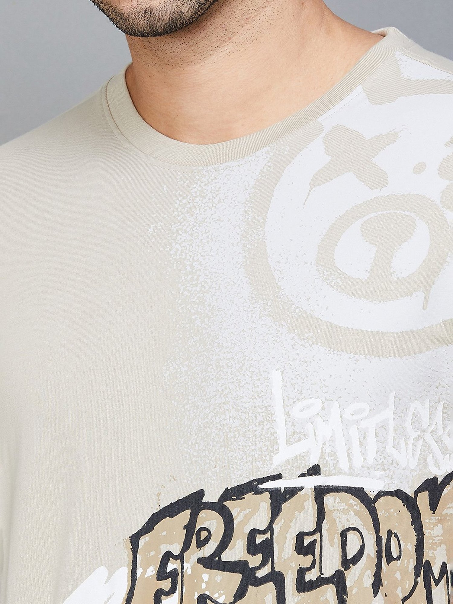 Forca by Lifestyle Off White & Grey Regular Fit Graphic Print T-Shirt