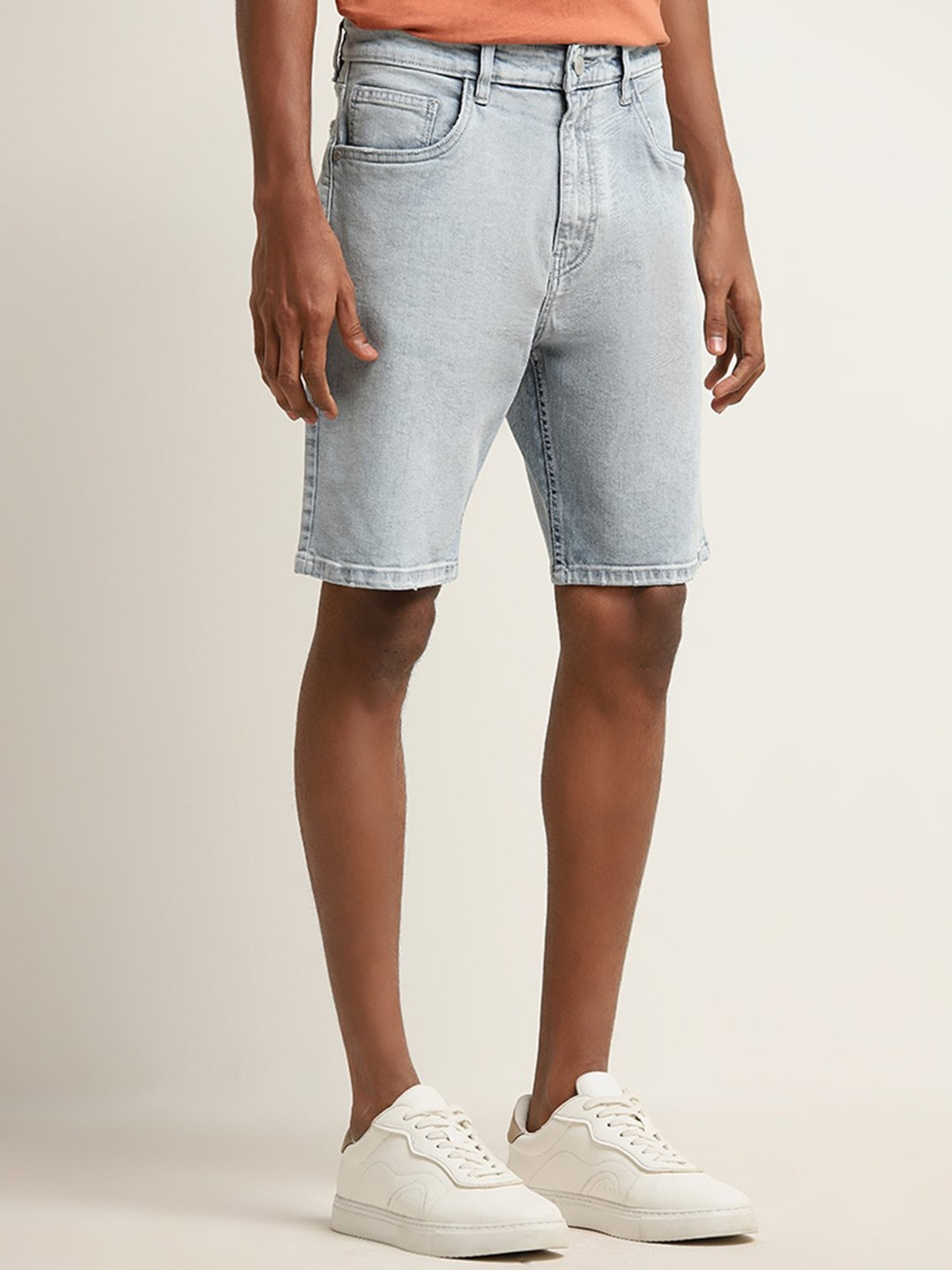 Nuon by Westside Light Blue Mid-Rise Relaxed-Fit Denim Shorts