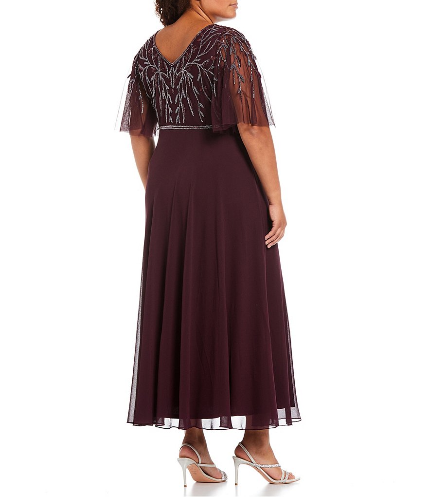 Jkara Plus Size Beaded Bodice Short Flutter Sleeve V-Neck Lined Gown