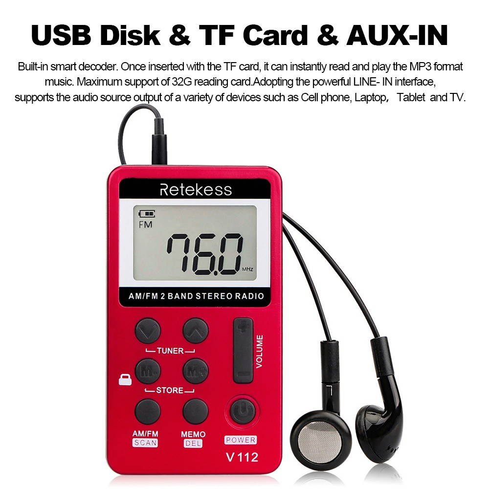 Retekess V-112 Portable AM/ FM Stereo Radio Pocket 2 Band Digital Tuning Radio Mini Receiver Outdoor Radio w/ Earphone Lanyard 1.5 Inch LCD Display Screen 500mAh Battery