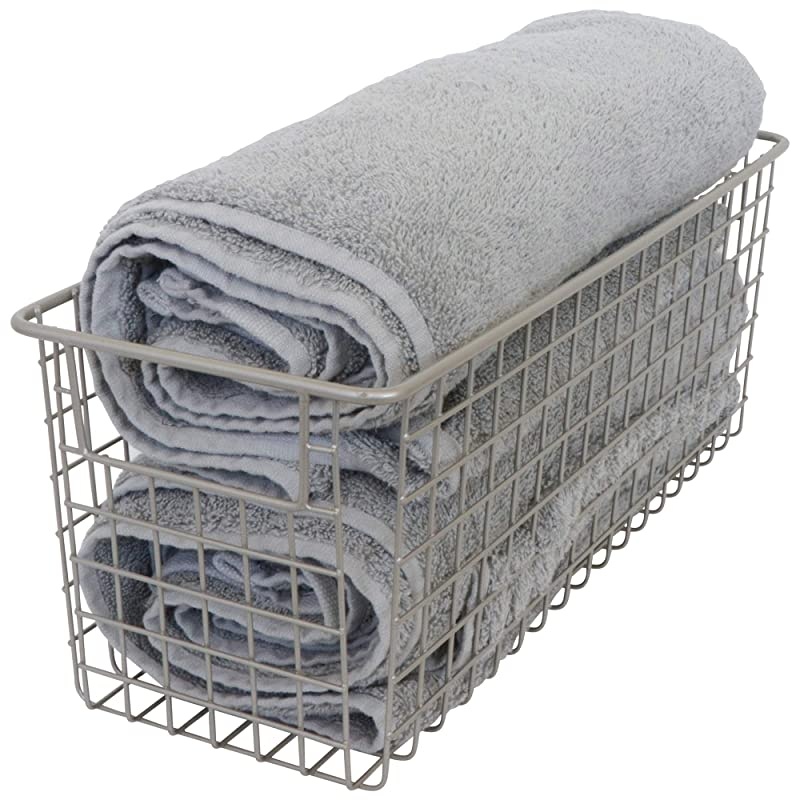 Small Farmhouse Metal Wire Storage Basket Bins with Handles 16" x 6" x 6" Closets, Shelves, Cabinets, Bathrooms (Satin, 2)