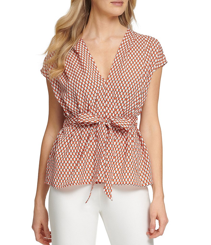 DKNY Printed V-Neck Tie Front Cap Sleeve Top