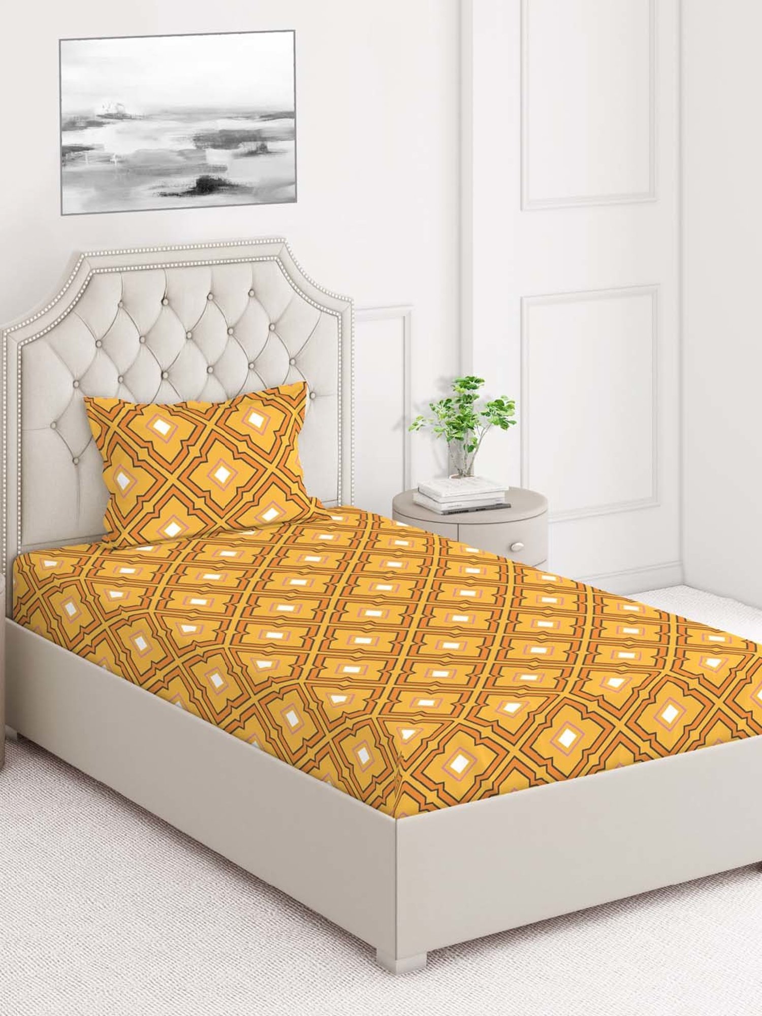 Layers Tuscany Yellow Cotton 104 TC Single Flat Bed Sheet With 1 Pillow Cover
