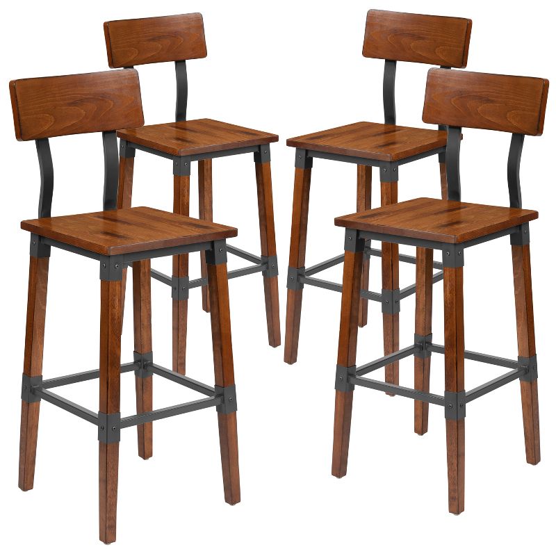 Emma and Oliver 4 Pack Commercial Grade Rustic Walnut Industrial Style Wood Dining Barstool