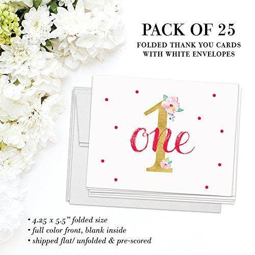 Baby Girl's 1st Birthday Thank You Cards with Envelopes ( Pack of 25 ) Folded Blank Pink Floral First Birthday Celebration Thanks Gracias Notes Children Child Kids B'day Party Excellent Value VT0014B