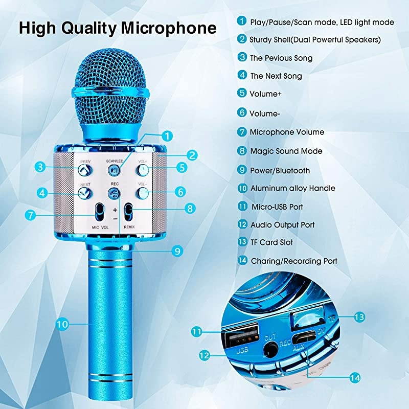 Bluetooth Karaoke Wireless Microphone 4 in 1 Karaoke Machine Portable Microphone for Kids Home KTV Player Compatible with Android iOS Devices Silver