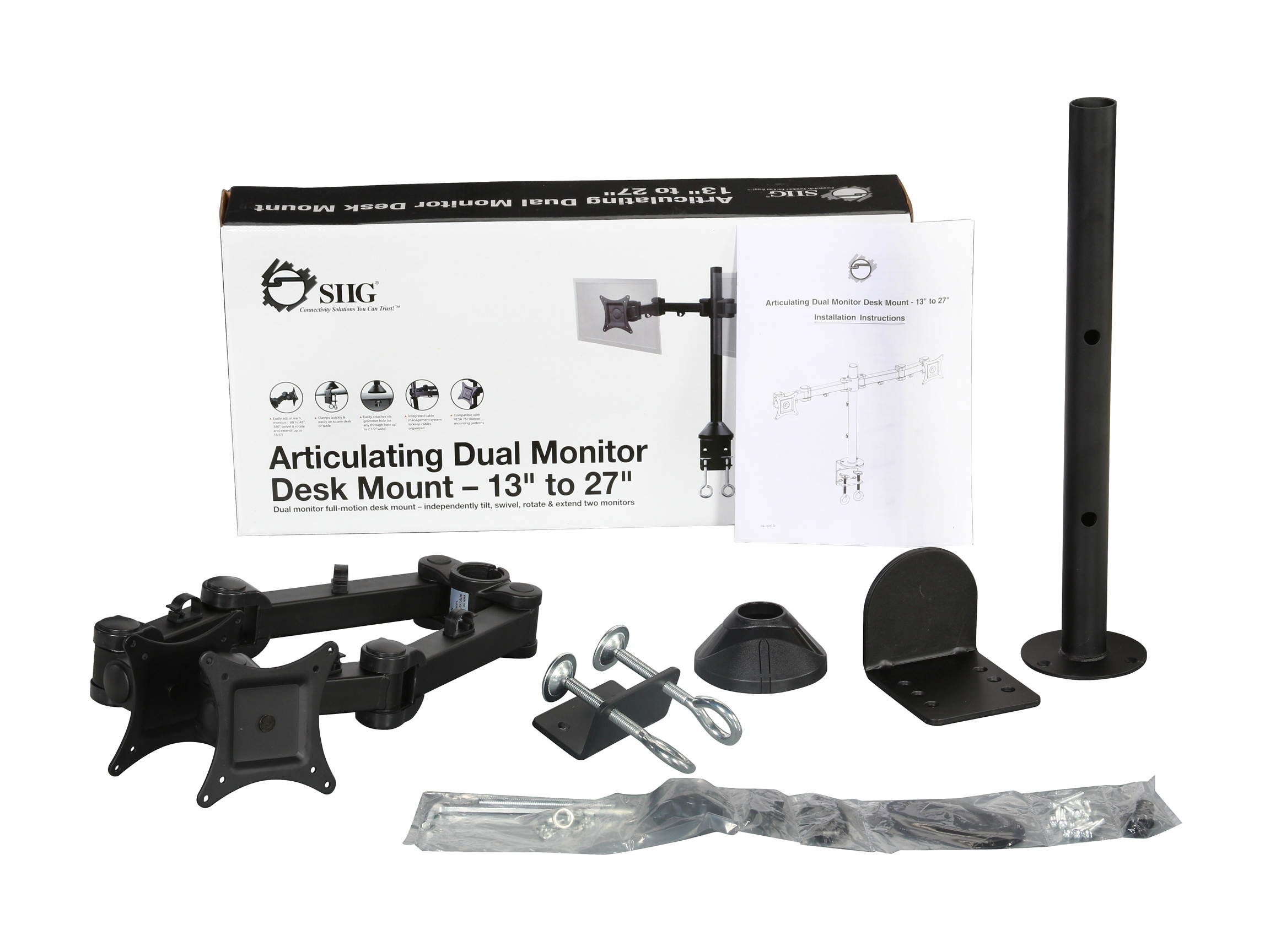 SIIG CE-MT0Q11-S1 Articulating Dual Monitor Desk Mount - 13" to 27"