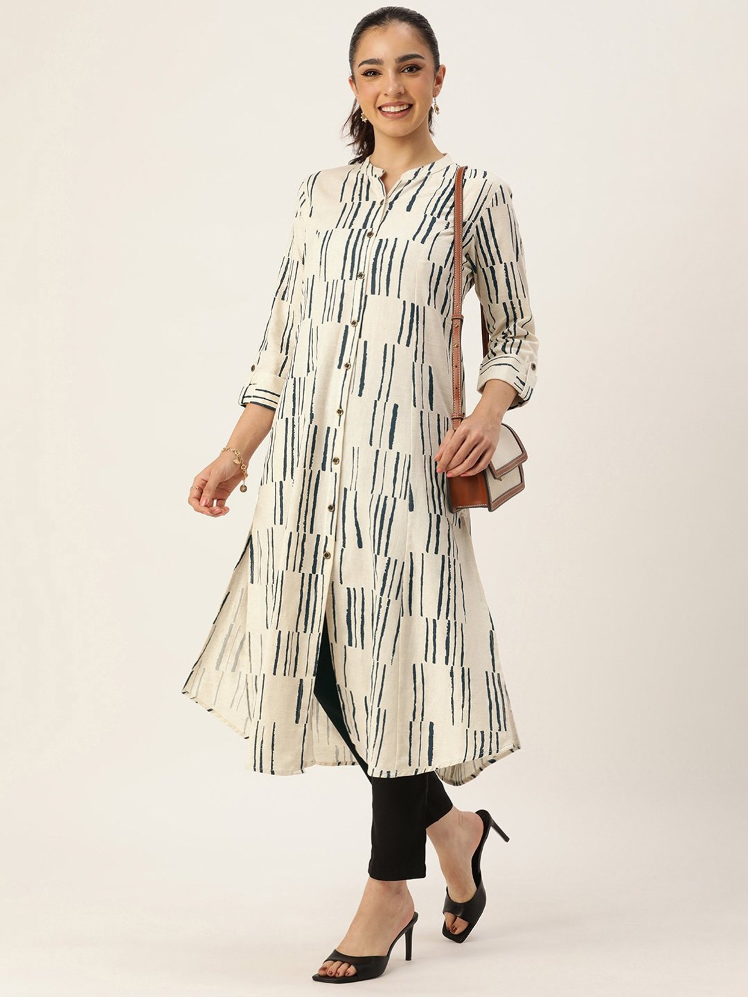 Amukti Beige Floral Print A-Line Kurta