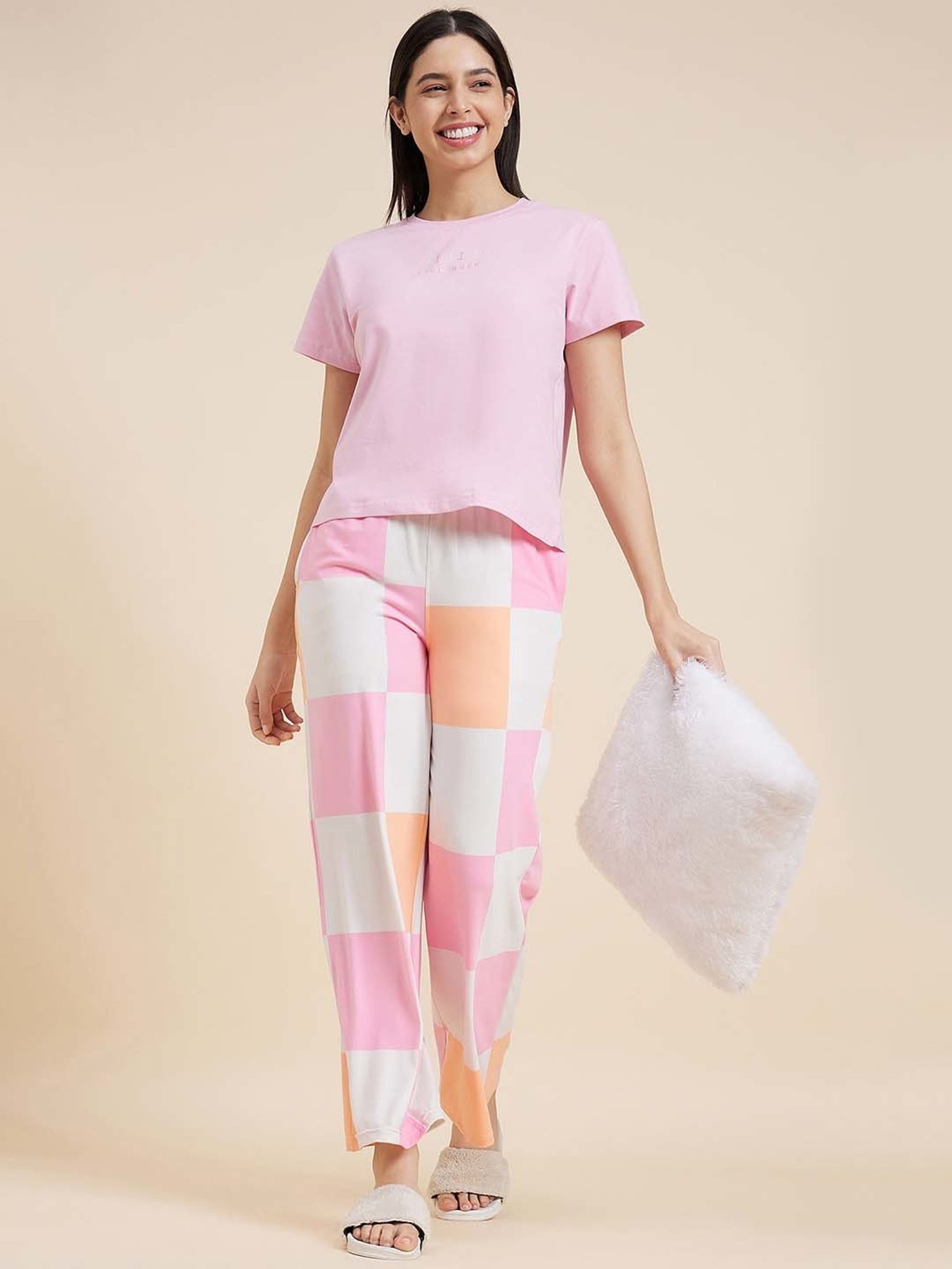 Sweet Dreams Pink & White Cotton Chequered T-Shirt Pyjama Set