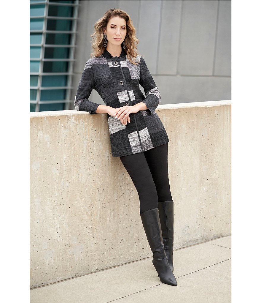 Ming Wang Melange Colorblock Knit Toggle Closure Round Jewel Neck 3/4 Sleeve Jacket