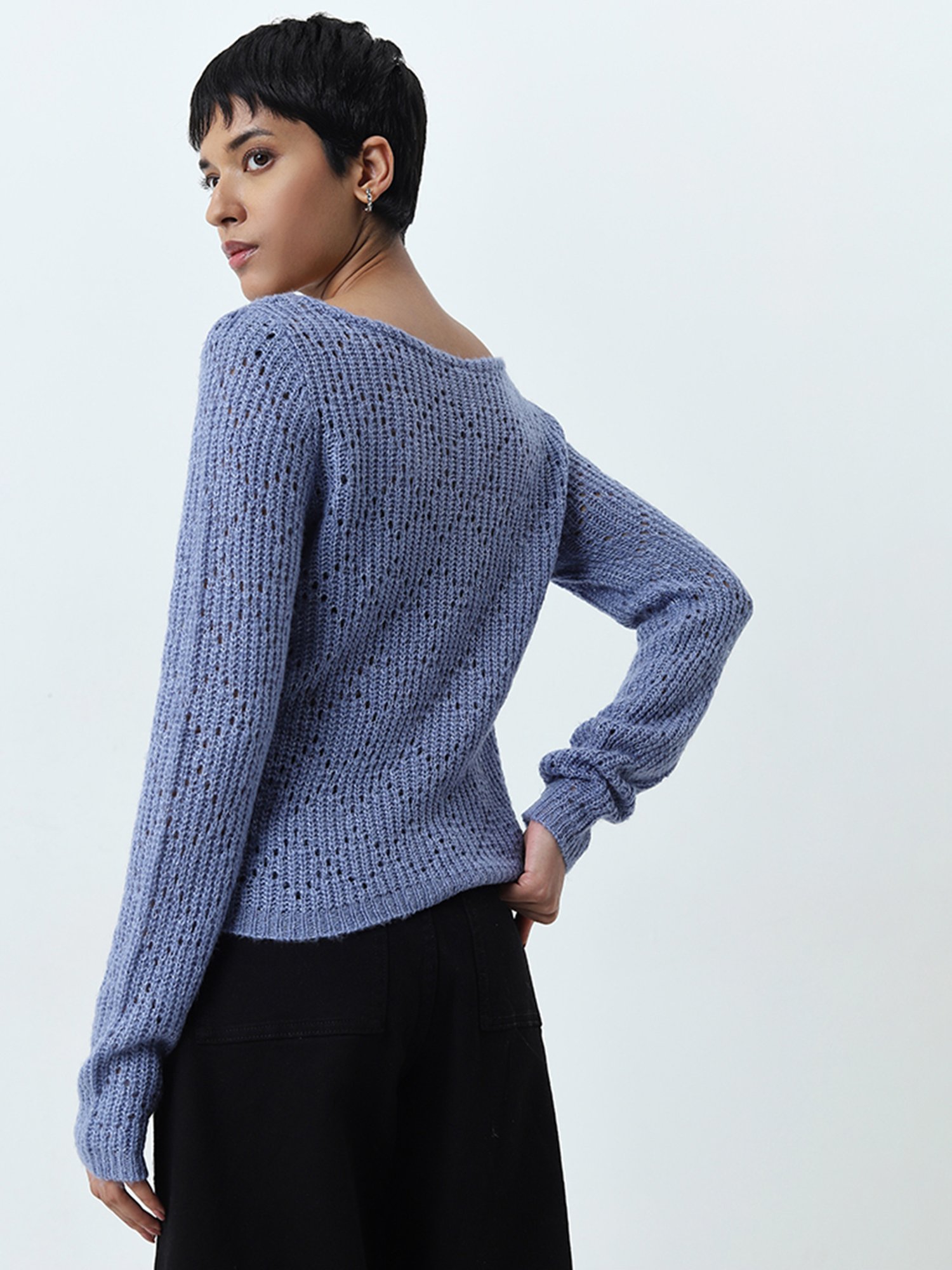 LOV by Westside Blue Knit-Textured Sweater
