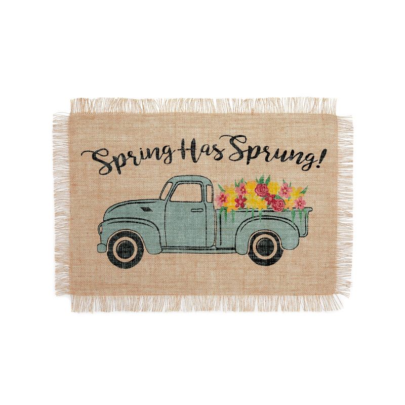 Farmhouse Living Spring Has Sprung Vintage Farm Truck Burlap Placemat - Set of 4 - 13" x 19" - Natural - Elrene Home Fashions