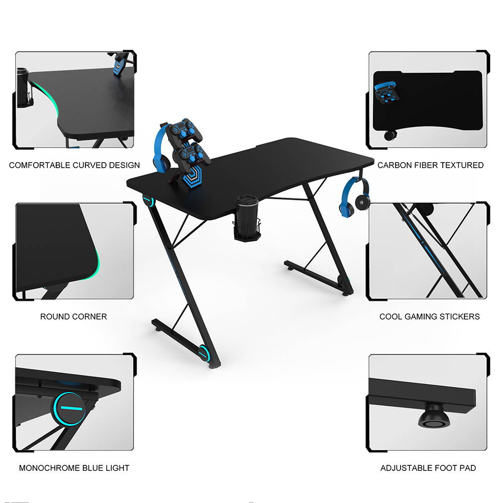 HOMEMAXS 43'' Z-Shaped Gaming Desk E-Sport Gamer Workstation Ergonomic PC Gaming Table with LED Lights,Large Carbon Fiber Surface,Game Handles Holder,Cup Holder,Headphone Hook and Cable Management