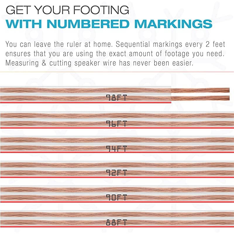 16AWG 2Conductor Speaker Wire 100 Feet Clear Spooled Design with Sequential Foot Markings Part SW16X2100CL