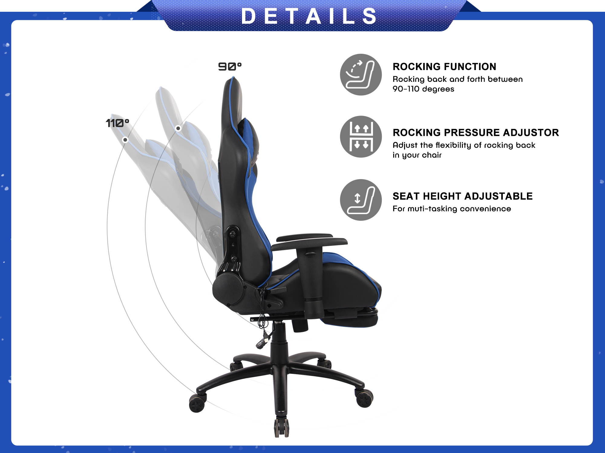 RIMIKINGMassage Gaming Chair with Retractable Footrest-Adjustable Lumbar Cushion Computer Office Racing Chair Headrest Swivel Rocking Desk Chair Ergonomic