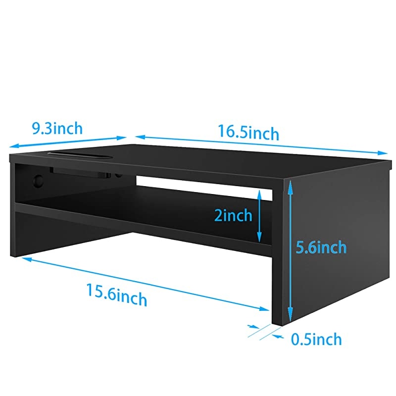 Stand Riser, 2 Tiers Wood Riser Stand with Storage Organizer, Desktop Ergonomic Stand Riser with Cellphone Holder and Cable Management, 16.7 Inch Shelf, Black