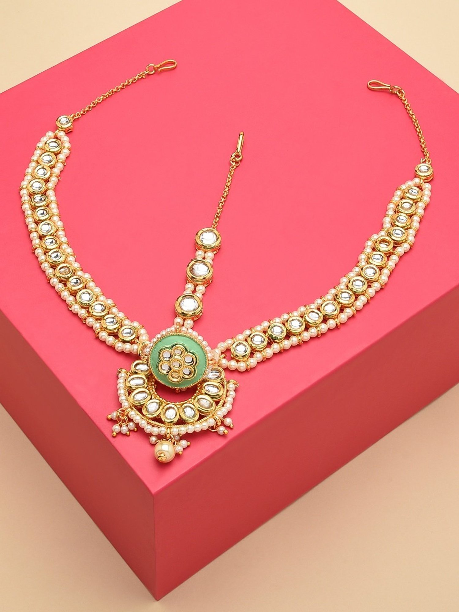 Zaveri Pearls Green Meenakari Kundan Bridal Borla MathaPatti Style Maangtikka-ZPFK13114