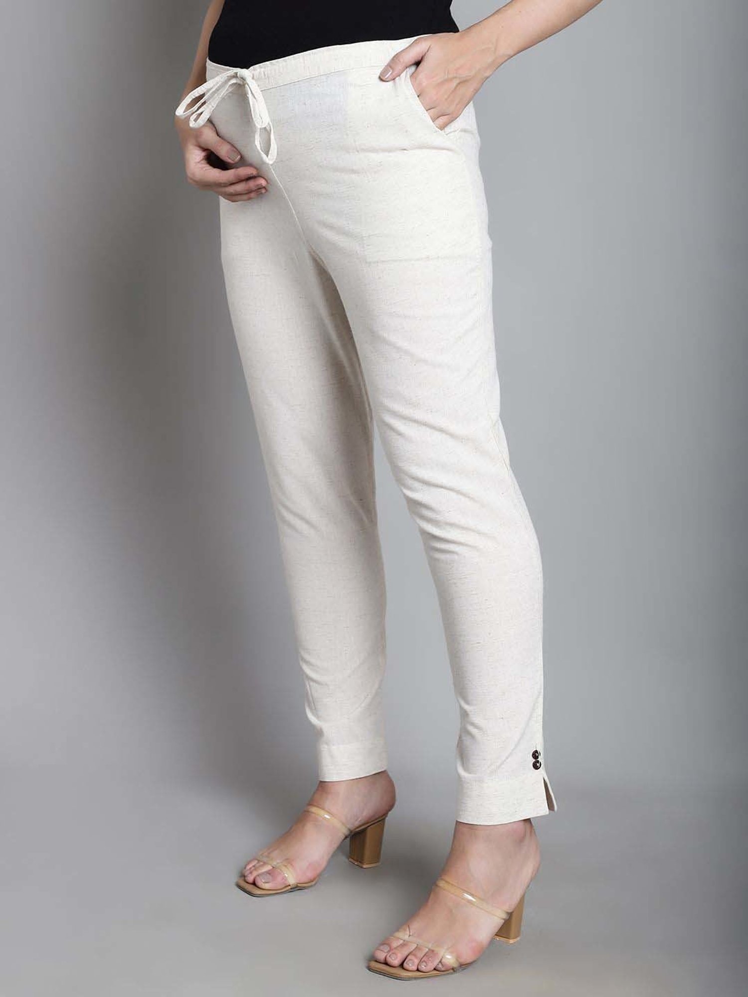 Moms Maternity White Cotton Mid Rise Maternity Trousers