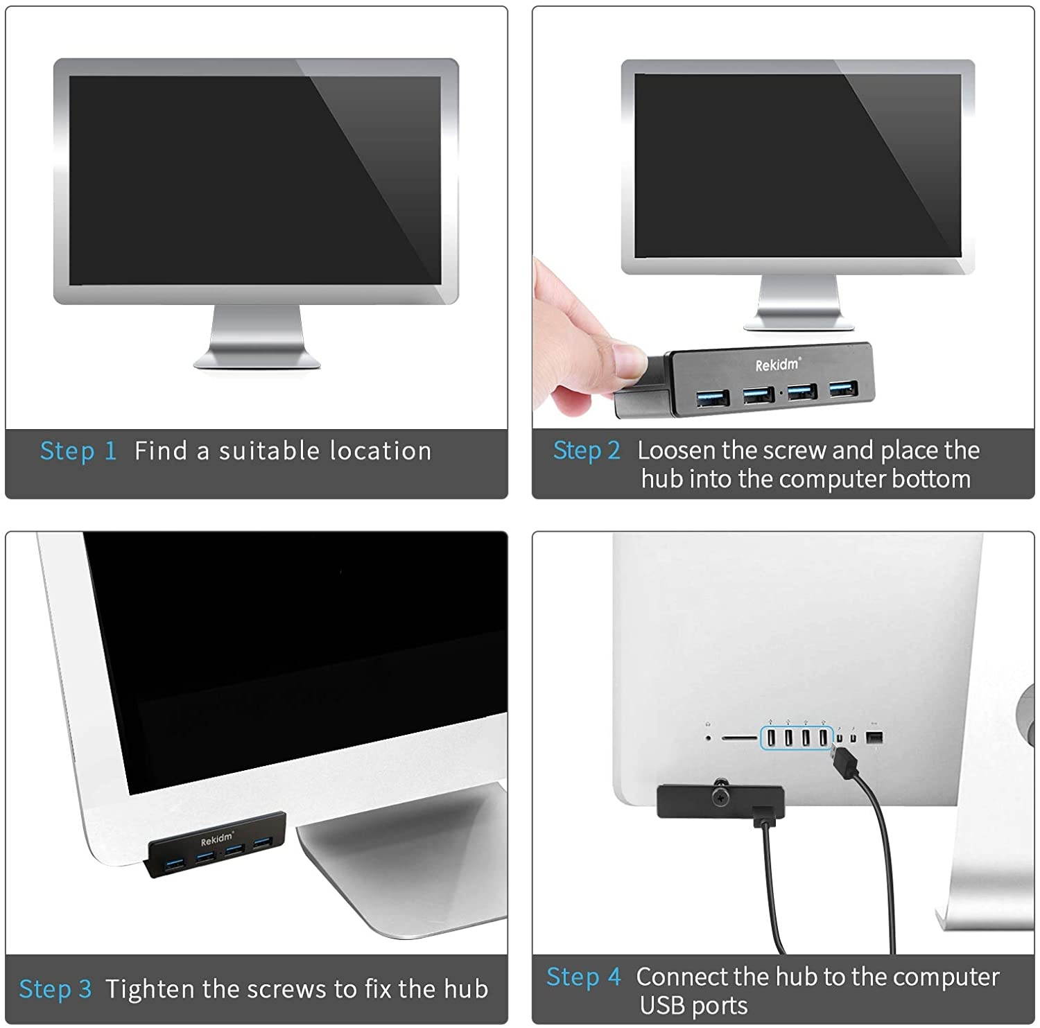 USB Hub 3.0 - Rekidm 4 Port Aluminum USB 3.0 Hub Clamp Design for Desktop Computer PC Table Edge with Durable Adjustable Clip Compact Space-Saving Mountable Desk USB Hub Fast Speed Transfer Black