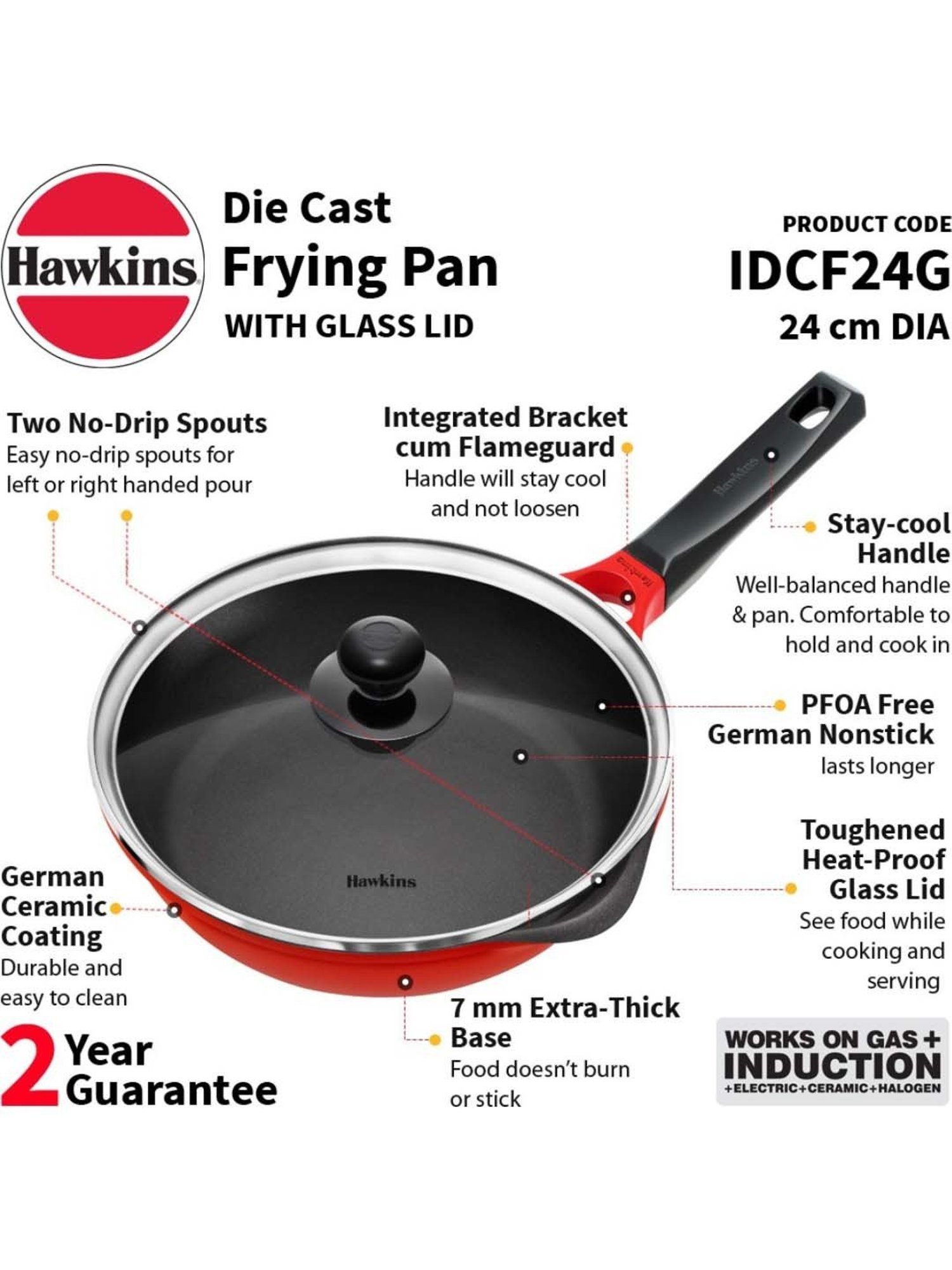 Hawkins Die-Cast Red & Transparent Aluminium 24.1 cm Non-Stick Fry Pan With Lid - Set of 1