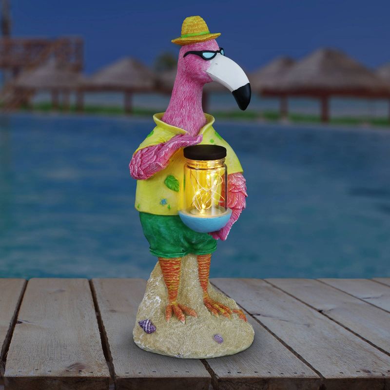 13" Solar Flamingo With Firefly Resin Jar - Exhart