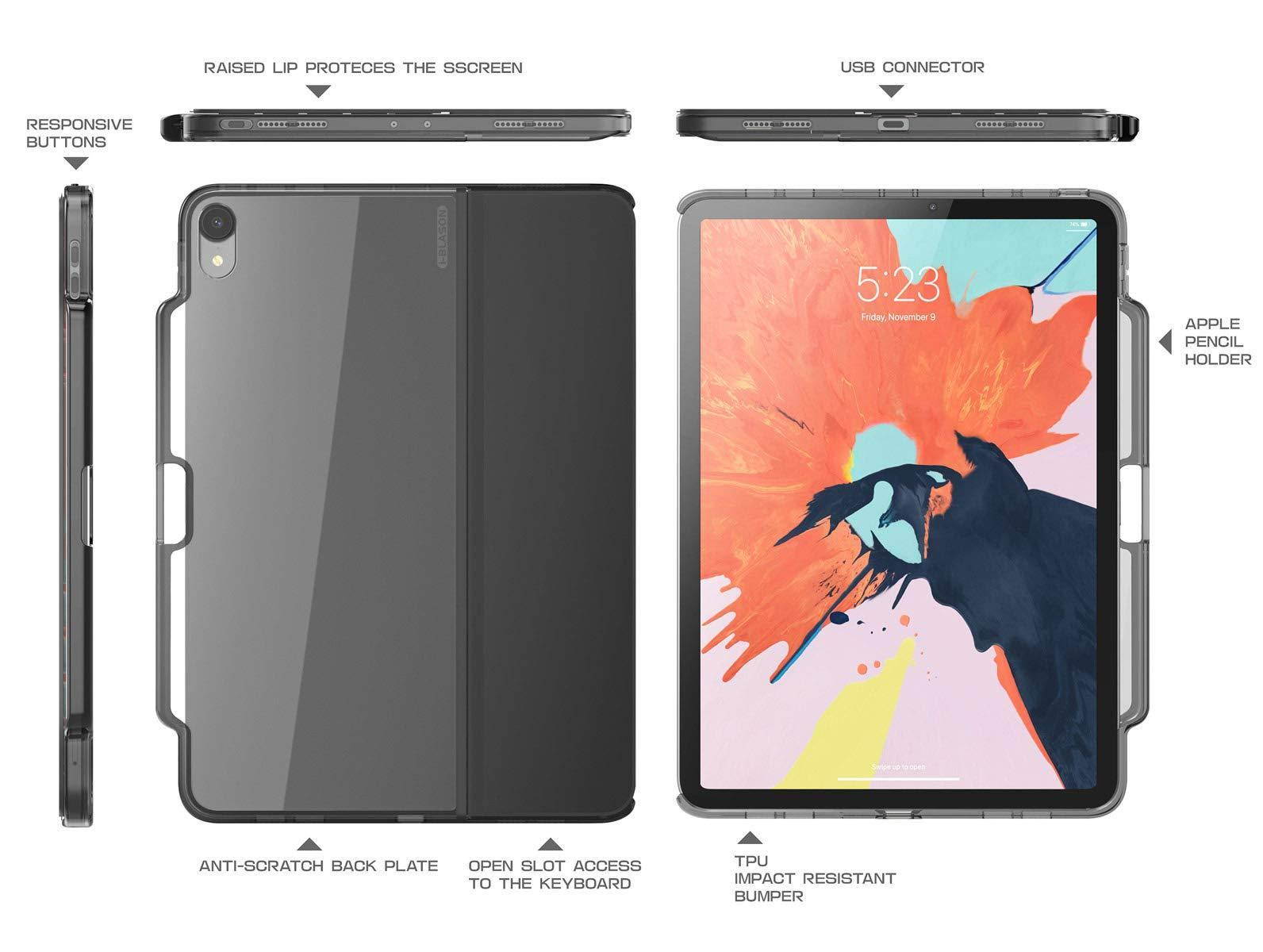 i-Blason Halo V2.0 Series Case Designed for iPad Pro 11 Inch Case 2018, [for use ONLY with Smart Keyboard; Compatible with Official Smart Cover] Hybrid Protective Case with Pencil Holder, Black, 11"