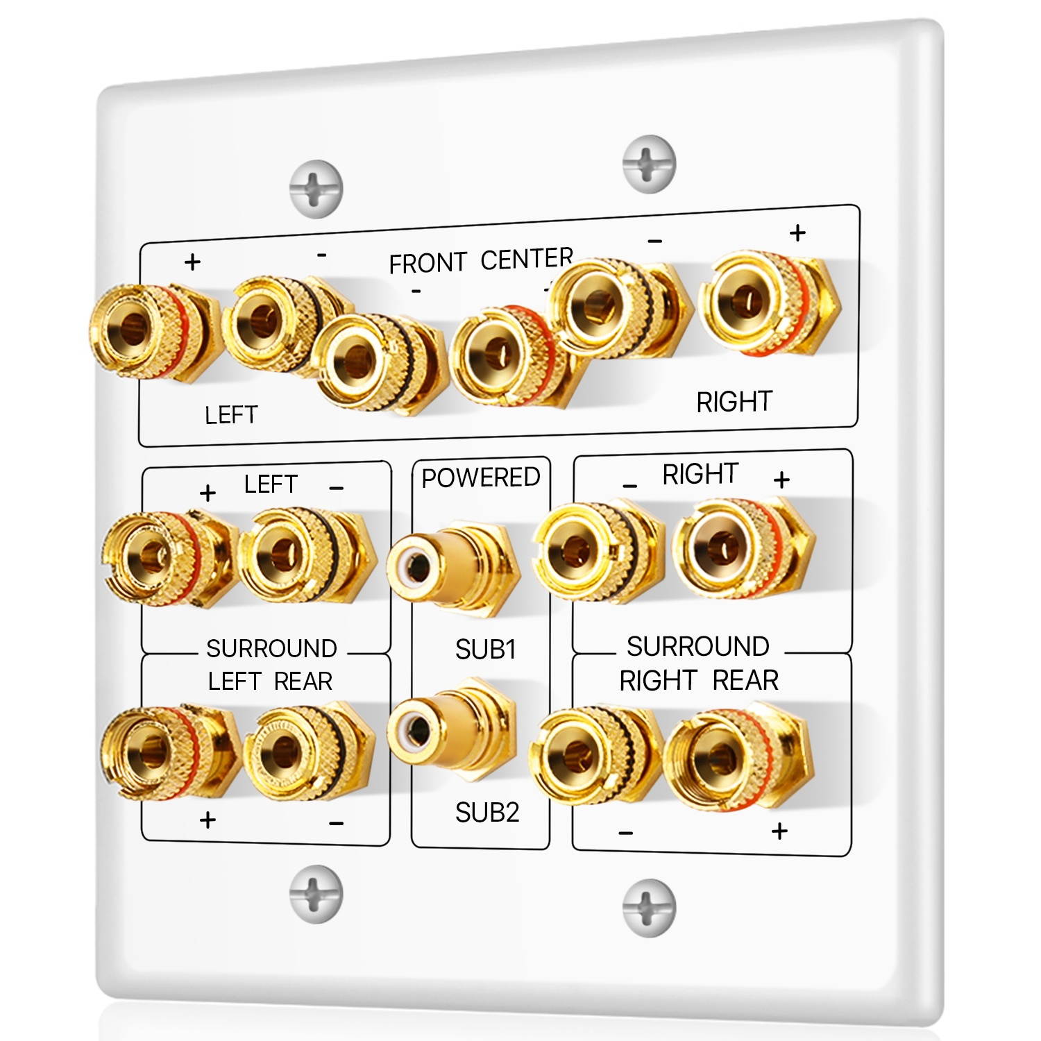 Home Theater Speaker Wall Plate Outlet - 7.2 7.1 Surround Sound Audio Distribution Panel, Gold Plated Copper Banana Plug Binding Post Coupler, 2 RCA LFE Input Jack for Subwoofer (2-Gang)