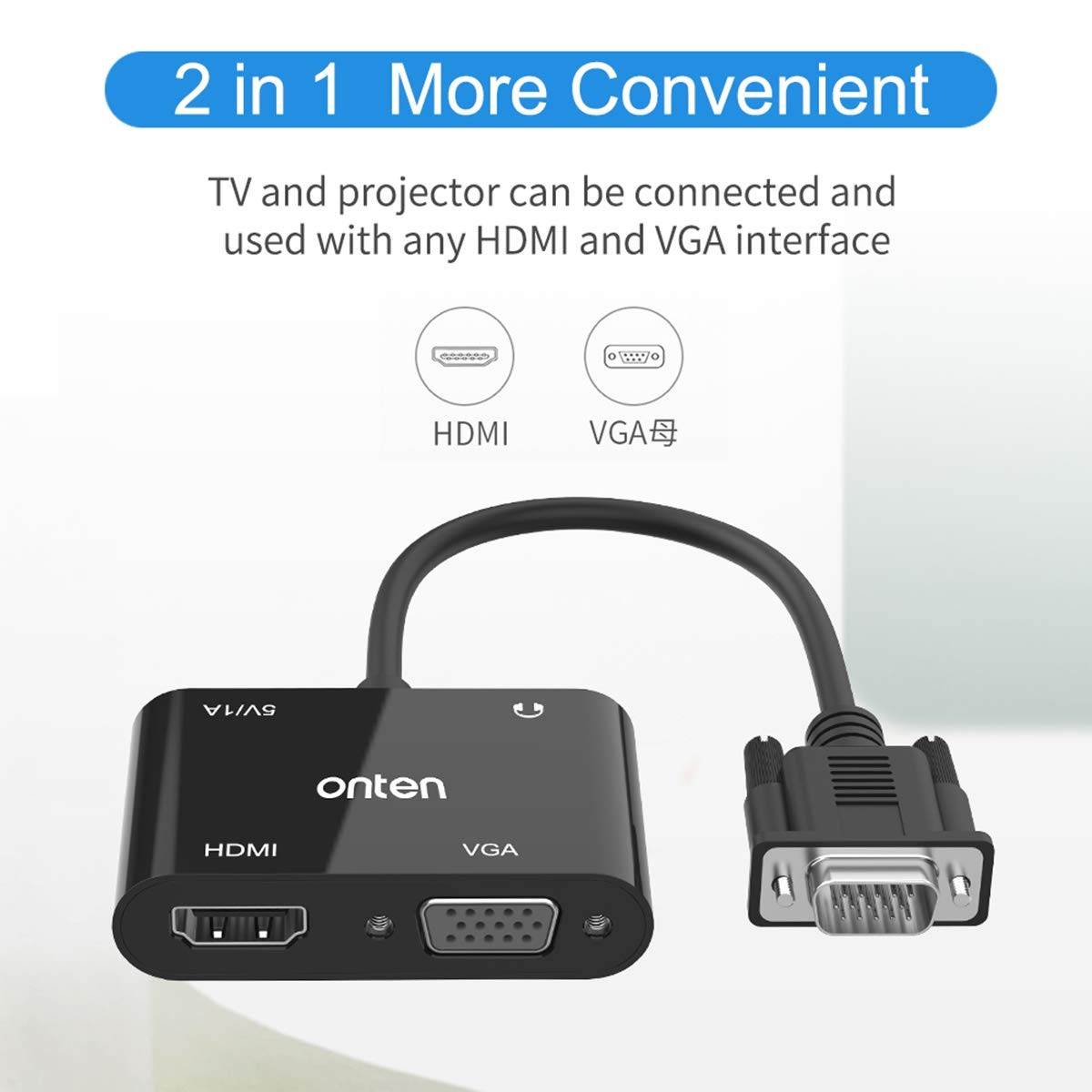 VGA to HDMI VGA Adapter, Onten VGA Splitter 1 VGA in HDMI VGA 2 Out (VGA HDMI Interface Display at The Same time), VGA to HDMI VGA Adapter for Computer, Desktop, Laptop, PC, Monitor, Projector