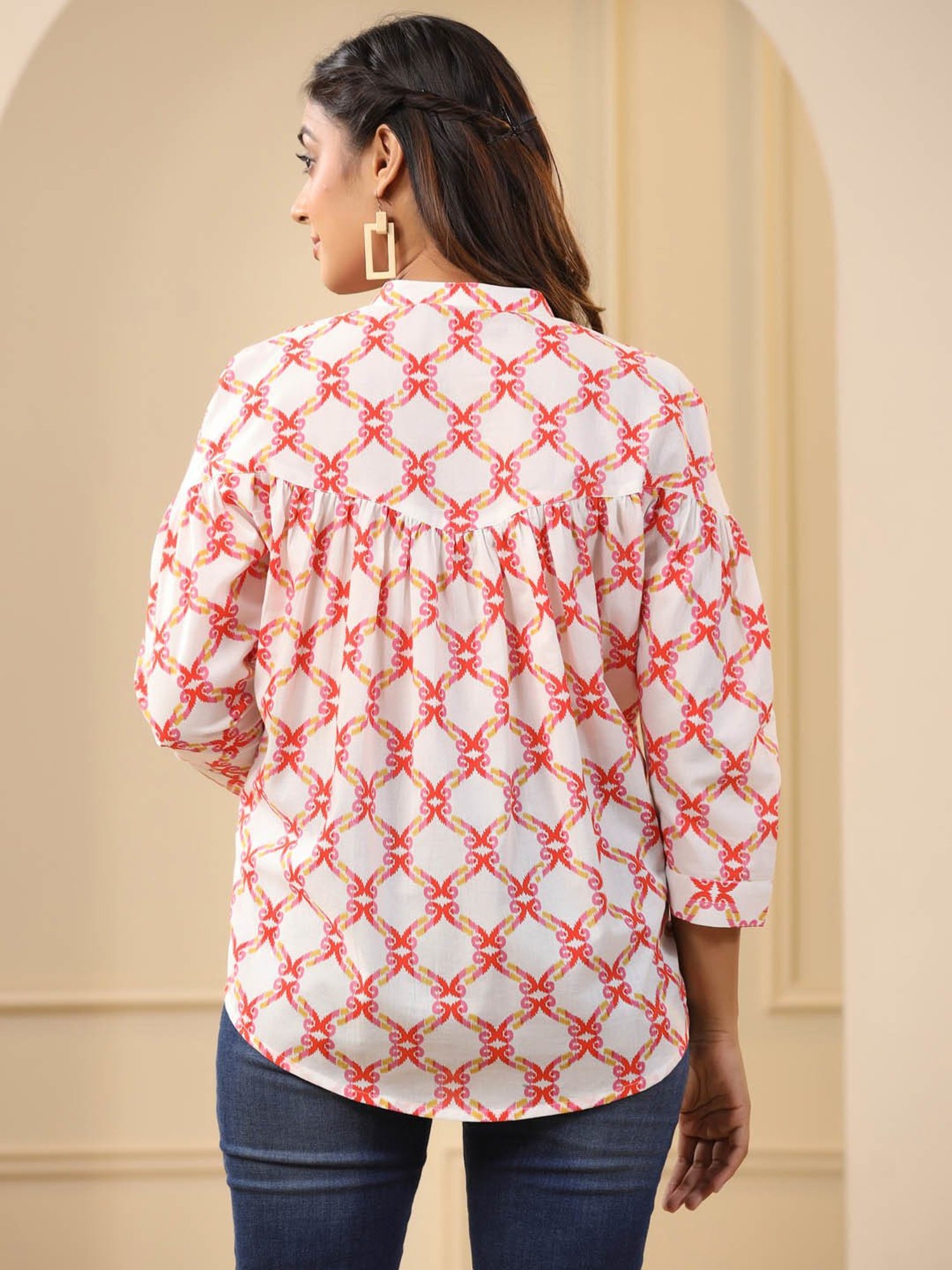 Jaipur Kurti Orange & White Cotton Printed Top