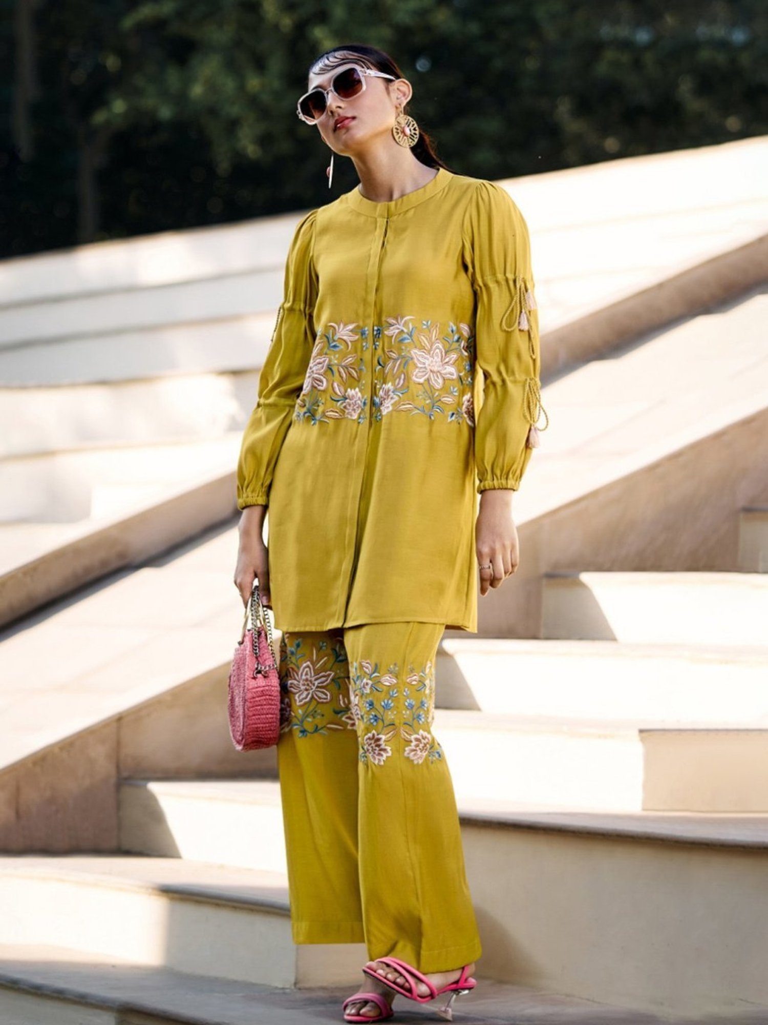 Autumnlane Sophia Yellow Embroidered Tunic with Pant Co-ord Set Set