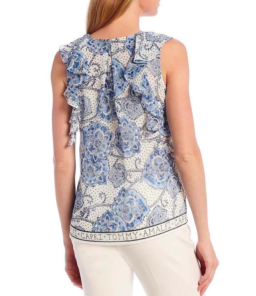 Tommy Hilfiger Amalfi Border Print Chiffon Ruffle V-Neck Sleeveless Top