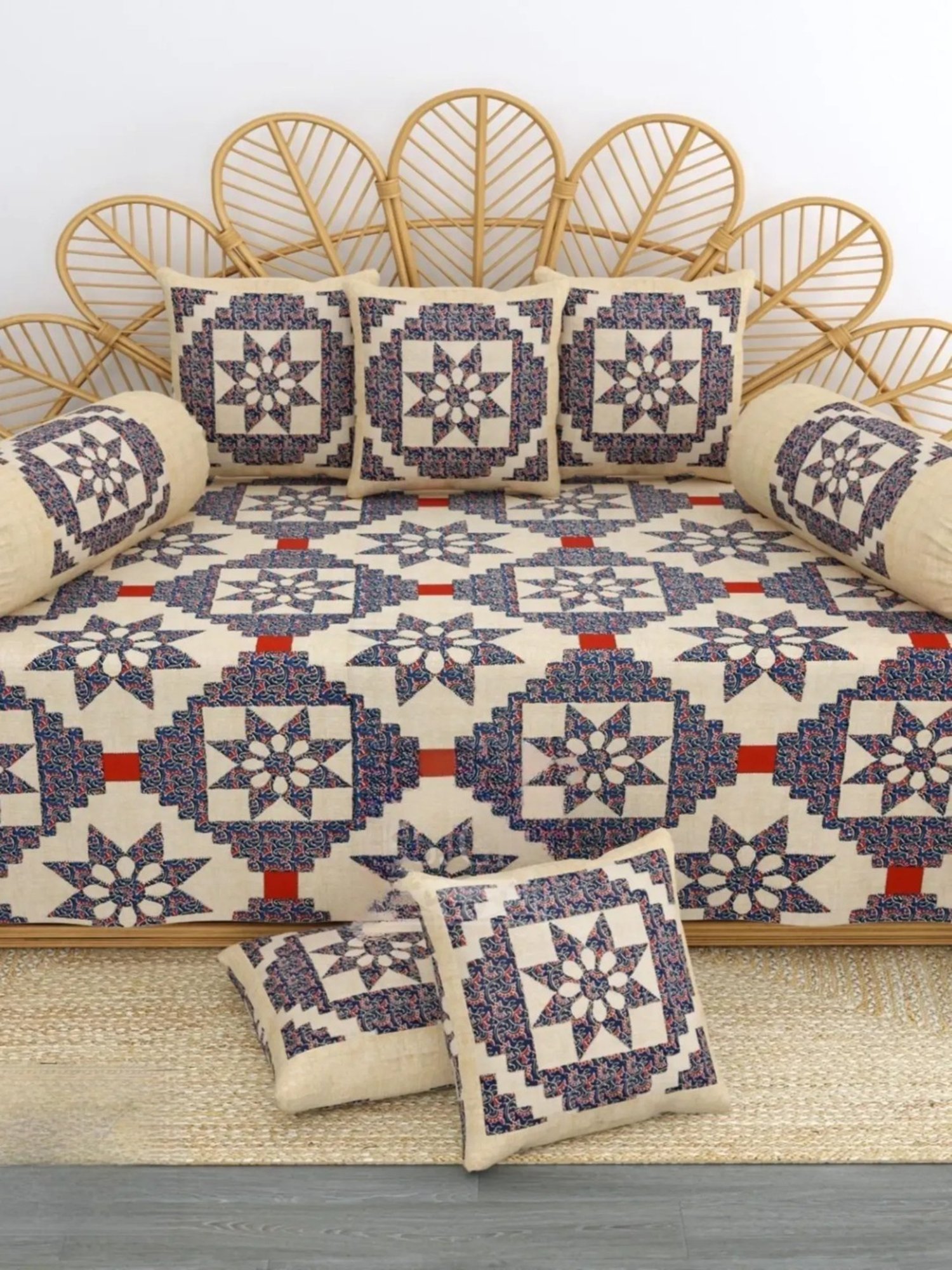 Living Roots Printed Blue 300 TC Cotton Single Diwan - Set of 8