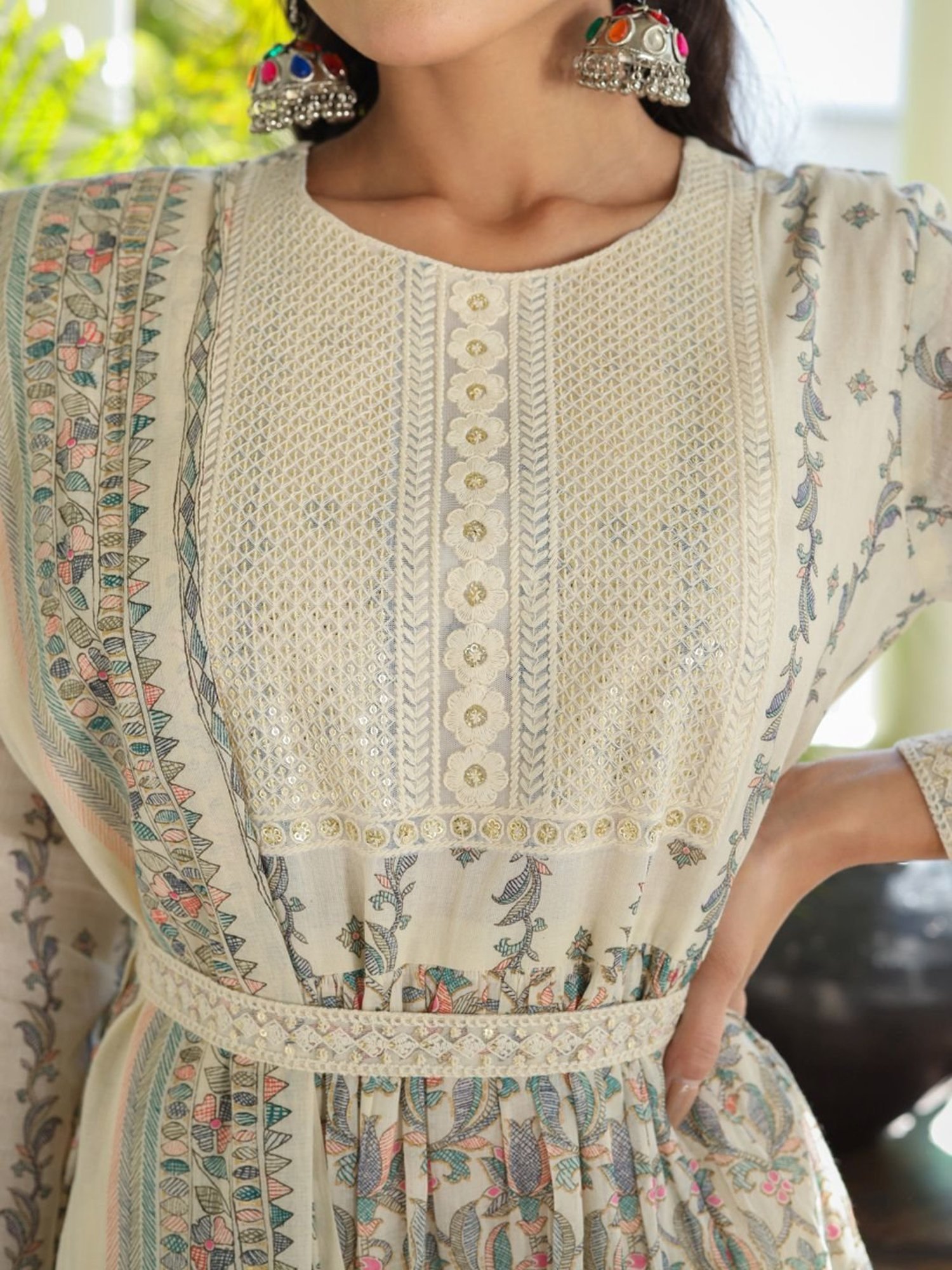 Zolo Label Cream Cotton Embroidery A-Line Dress With Dupatta