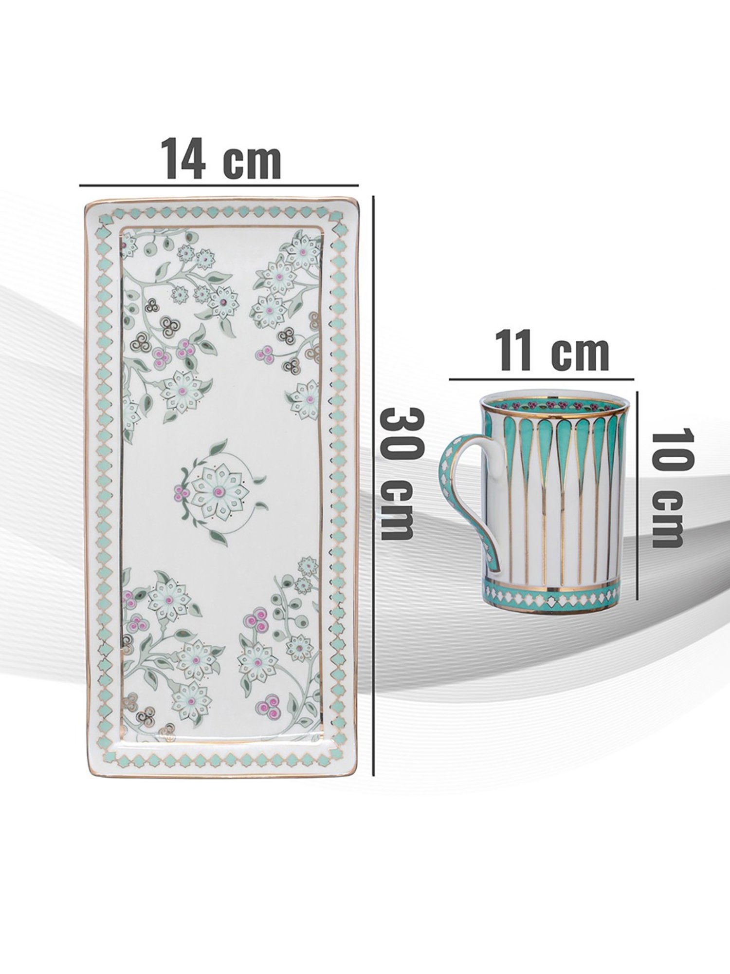 Trovea's Seaside Bloom 24K Gold Green Ceramic Mugs and Tray - Set of 2