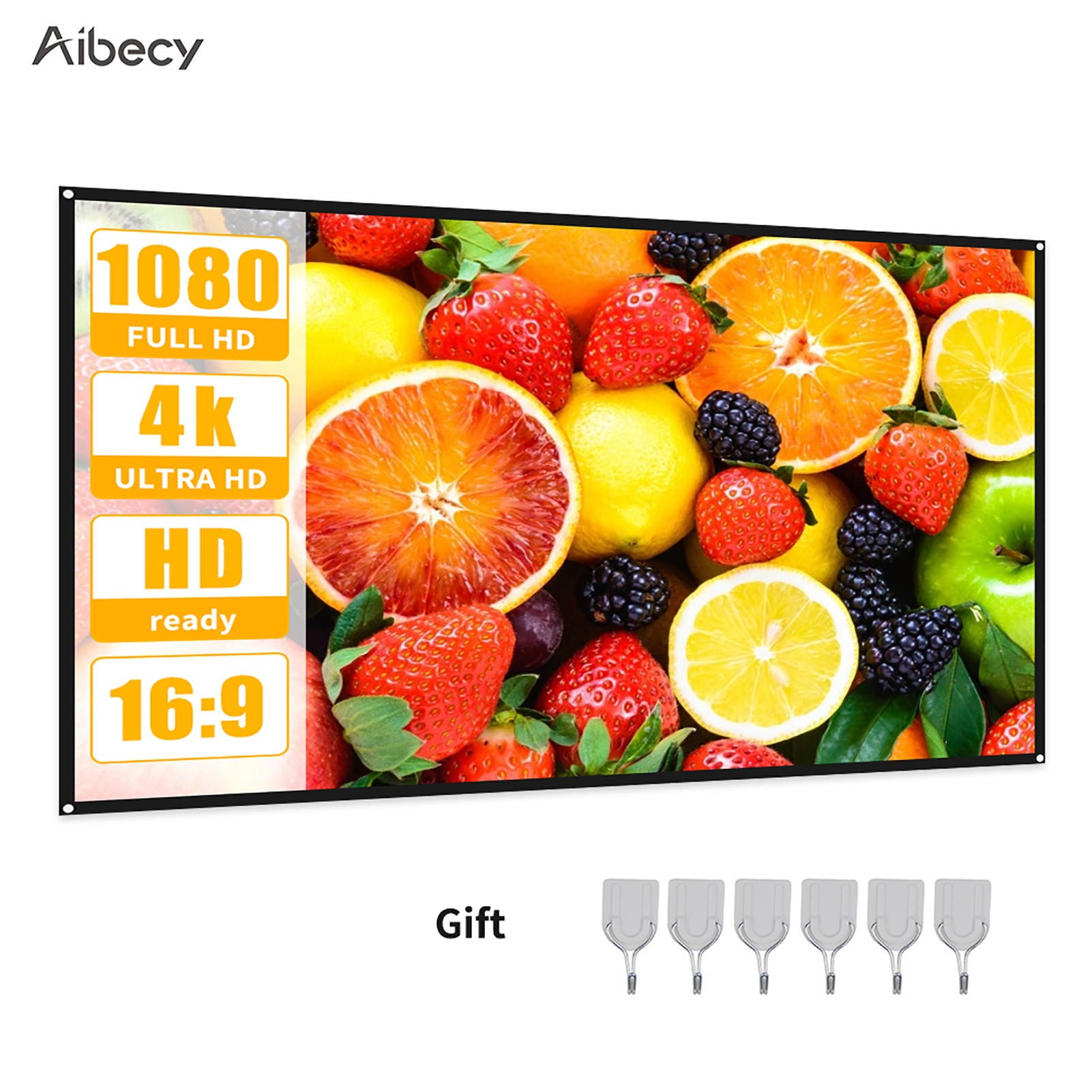 Aibecy Projection Screen 16:9 HD 4K Movie Screen Curtain Foldable Portable Anti-Crease Projector Screen with Stick Hooks for Indoor Outdoor Home Theater Office Presentation Support Front & Rear
