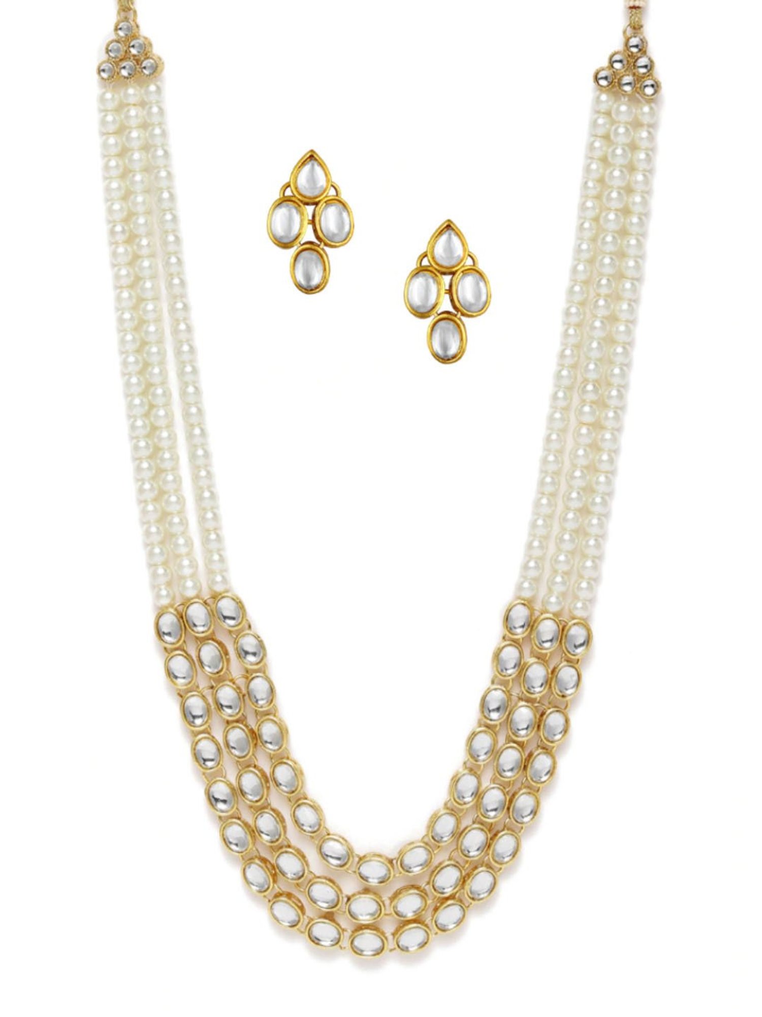 OOMPH White Pearls & Kundan Ethnic Mala Long Necklace Set with Drop Earrings