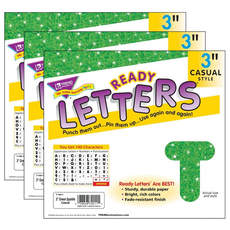 3pk 3" 140 per Pack Casual Uppercase Ready Letters Green Sparkle - TREND